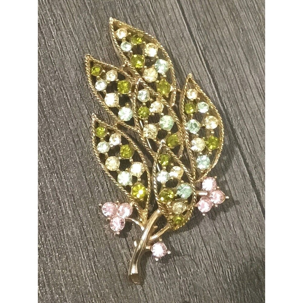 R J Graziano Green Pink Rhinestone Leaf Spray Gold Tone Vintage Brooch